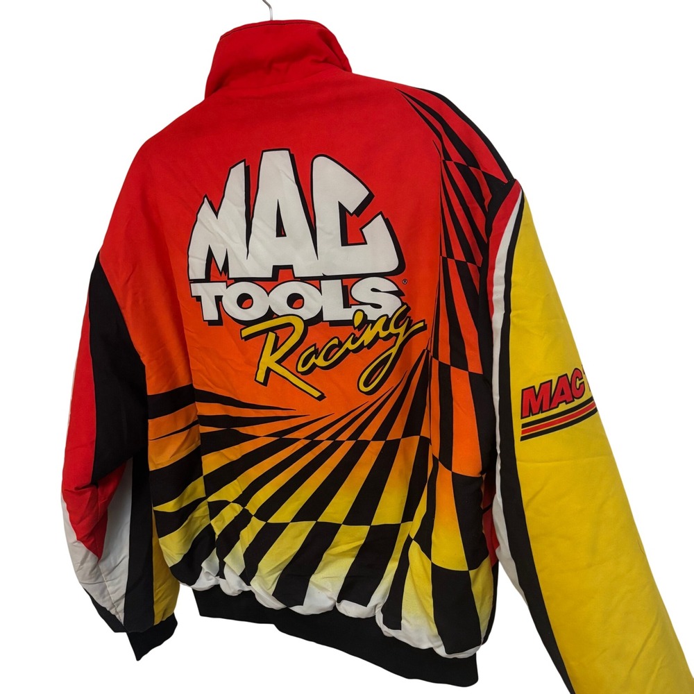 Vintage 1990 Mac Tools Racing Jacket Bomber Mens L Red Yellow Checkerboard‎ USA